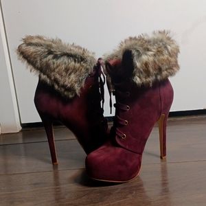 Maroon Fur-Linned Stiletto Booties